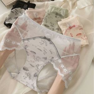 XINSU38 Ink Wash Painting Lace Mesh Panties Sweet Chinese Style Lace Flower Underwear Fashion Quick Dry Satin Silk Briefs Women Ladies