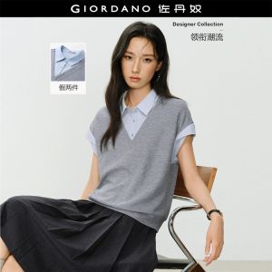 Giordano Women Fake two-piece short sleeve knit shirt Free Shipping 18346516