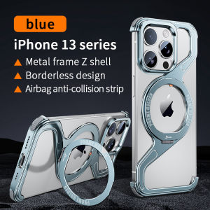Metal Aluminium Alloy Frameless Phone Case For iPhone 14 13 15 Pro Max 360° Stand Rimless Bumper Shockproof Metal Cover Z Shape Titanium Metal Phone Case for iPhone 15 14 13 Pro Max 14Pro 13Pro Phone Protective Cover Bumper w/ 360° Rotation Holder