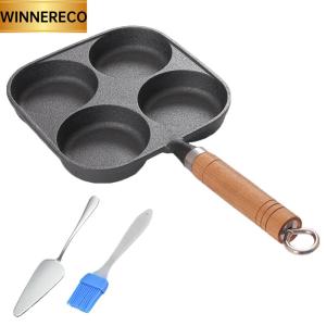 4 Hole Omelet Pan Egg Frying Pan Wooden Handle Fried Egg Pan Divided Egg Omelet Pan for Gas Stove and Induction Cooker