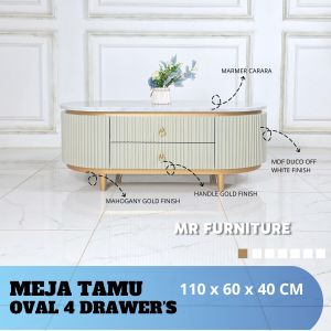 meja tamu laci empat top marmer putih carrara