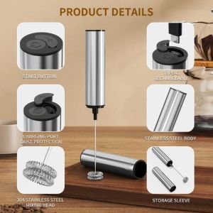 Electric Milk Frother With 2 Adjustable Levels Stainless Steel Cappuccino Latte Coffee Beverage Handheld Mixer Mini Egg Beater Kitchen Tool