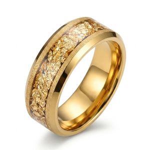 8MM Gold Color Tungsten Carbide Mens Wedding Bands Inlaid Gold Leaf Comfort Fit Fashion Jewelry Engagement Ring Promise Rings