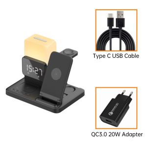 INOVAGEN 5 in 1 Magnetic Wireless Charging Stationwith Alarm and Night Light18W Fast Charging StandPhoneSmartWatchEarbuds Desk Charging DockBedside Deco