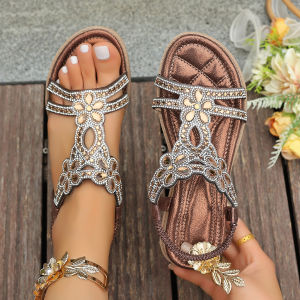 Free Shipping 2026 Summer Flat Plus Size Bohemian Rhinestone Flower Elastic Fish Mouth Sandals For Women