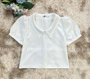 เสื้อครอปสั้นคอปกแขนตุ๊กตาพร้อมซิปหน้า สไตล์เกาหลี