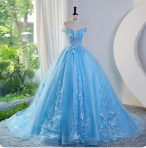 GAUN WEDDING / GAUN PERNIKAHAN WANITA BUNGA BIRU / DRESS APLIKASI BUNGA PESTA BRUKAT