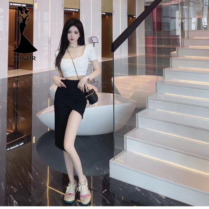 SONDR Fashion Dress Women Korean Style Plus Size New Suit Skirt Square  Collar Shows Thin Elastic Tight T-shirt Women + Split Skirt Hot Girl  Exposed Navel All-match Top Skirts for Women -
