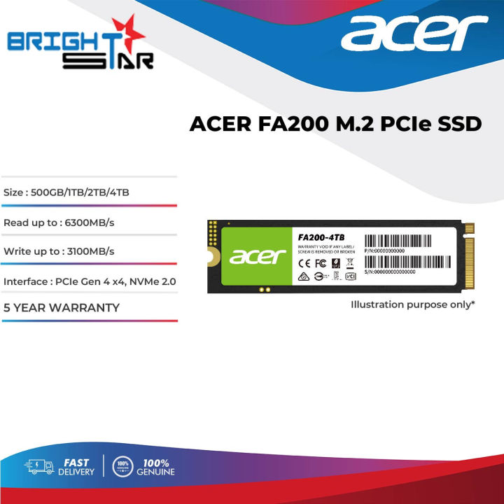 ACER FA200 M.2 PCIE Gen4x4 SSD (500GB/1TB/2TB/4TB) Up To 7200Mb/S