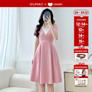 [25 - 29.12| Voucher 14-17%] Đầm nữ dáng A kiểu cổ sơ mi đính nút giả tay ngắn tùng váy xếp ly thời trang GUMAC LDF0824