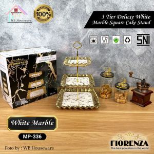 FIORENZA Tempat kue susun 3 motif white marble keramik / 3 tier deluxe sqaure cake stand type 336