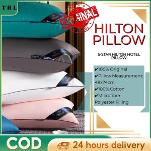 TaiHaoLe 100% Cotton Pillow Bantal Hilton Pillow Bedroom Bed Sleep Cervical Pillow Middle High Pillow Core Frosted Machine Wash Quilt Cover Bantal 枕头