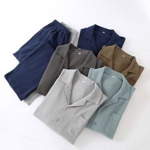 Mens pajamas spring and autumn crepe cloth pure cotton double-layer cotton yarn cardigan homewear loose large size long-sleeved trousers homewear