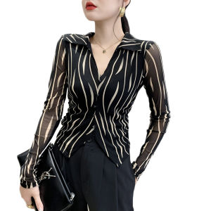 REHIN Womens top Summer new mesh long-sleeved shirt slim and Korean stylish striped elegant blouse