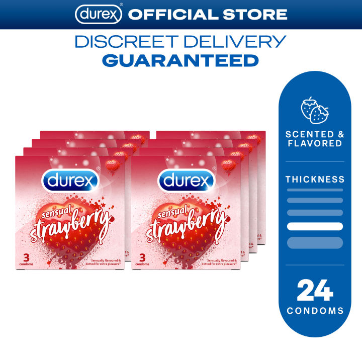 Durex Sensual Strawberry Lubricated Condoms 3s (Set of 8 - 24 Condoms)