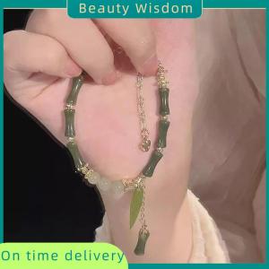 Beauty Wisdom Chinese Style Retro Green Bamboo Joint Beaded Bracelet For Womens Fashion Simple Charm Alloy Leaf Bracelet Jewelry Gift