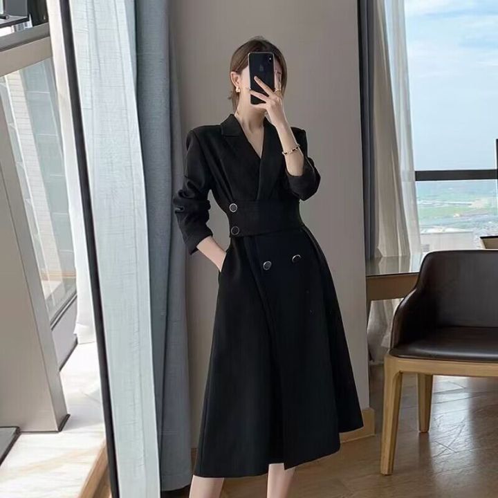 black suit dress women office lady temperament slim pleated long skirt ...