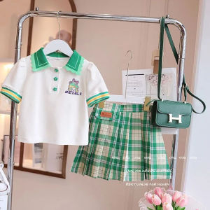 Setelan Anak Perempuan Import T-sirt Mei&Li Rok Mini Kotak--Kotak Kerah 3 Kancing Model Kekinian
