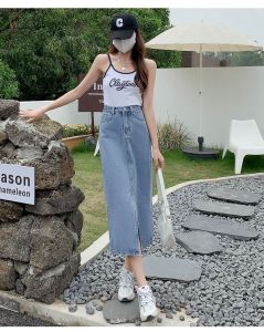 Rok Denim Pinggang Tinggi Wanita Populer Korea Rok Belahan A-line Panjang Sedang Wanita