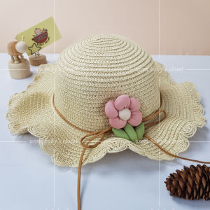 Mũ cói rộng vành cho bé gái 2-6 tuổi đính hoa dễ thương nón bèo vòng đầu 52cm che nắng đi biển Urombaby