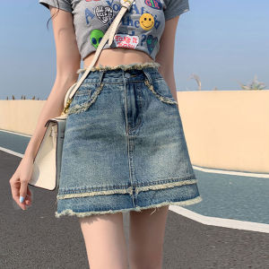 กระโปรงสั้นสำหรับผู้หญิง กระโปรงผ้ายีนส์เอวสูงเก็บทรงสวยผ้าดี355