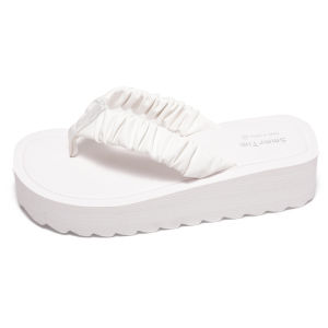 [Free Shipping] 4.5CM Height-Increasing Platform Sandals White WomenS Summer Outdoor Wear With Pleated Elastic Straps Thick-Soled Beach Shoes Wedge Heel Sandals