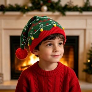 LUCKFRE Warm Christmas Hat Jacquard Red Green Patchwork Color Knitted Wool Cap Vintage Parent Child Hat Christmas Knitting Hat Women
