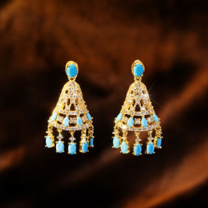 SEQUITO South Asian Court Style Ladies Jewelry Inlay Blue White CZ Zircon Gold Plated Bell Tassel Drop Earrings for Dinner Parties SE1065