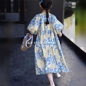 Outfit for Kids Girls Princess Dress Loose Casual Holiday Style Puff Short-Sleeved Mid-Length Skirt Kids Girl Casual Outfit