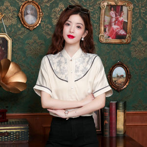 AMMIN2024 Sablon Bunga ชีฟองเสื้อแขนสั้นมีปกตั้งสไตล์วินเทจสำหรับผู้หญิงเสื้อเบลาส์กระดุมแถวเดียวสง่างามสไตล์เกาหลีฤดูร้อน