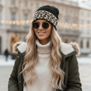 FLEURS Elastic Leopard Beanie Thickened Patchwork Knitted Hat Patchwork Beanie Thermal Fleece Lined Cap Travel