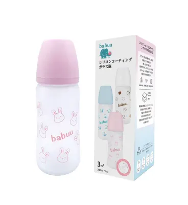 [Tặng 1 núm] Bình Sữa Thuỷ Tinh Babuu Tráng Silicon Cổ Rộng Dung Tích 160ml và 240ml Bebi123