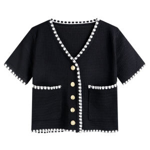 FASHLOVER Womens Plain Knitted Cardigan V-neck Short-sleeved Sweater Top