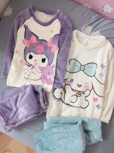 2Pcs Sanrio Cinnamoroll Fall Winter Kids Pajamas Flannel Sets Women Home Clothes Cartoon Warm Kuromi Parent Child Sleepwear Gift