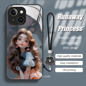 Case For iPhone 14 Pro Max 15Plus 13ProMax 12Pro 11ProMax Metal paint frame Liquid glass backplate Phone Casing with Hand Strap XSMAX XR 8Plus Runway princess