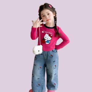 Christmas Gift Halloween Kawaii Girls Hello Kitty Spring Autumn Jeans Sanrio New Childrens Anime Cartoon Fashion Long Sleeve T-Shirt Sweet Comfort Set