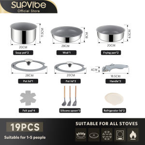 SUPVIBE Nonstick Cookware Set 17-Piece Ceramic - Detachable Handle Universal Stovetop Compatibility With Glass-Silicone Lids
