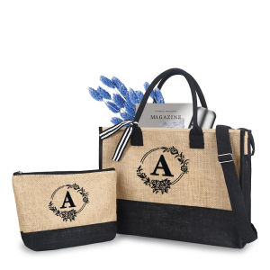Jute two-piece bag is stylish and simple 2 Letter Embroidered Tote Bag Set for Women Large Capacity Shoulder Shopping Bag