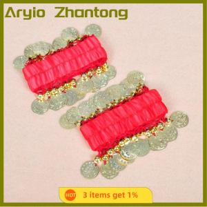 Aryio 1ชิ้นกำไลข้อมือโลหะสำหรับเต้นระบำหน้าท้องกำไลข้อมือข้อเท้ากำไลข้อมือผ้าชีฟองสีทองอุปกรณ์เต้นหน้าท้อง