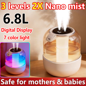 6.8L Quiet humidifier air purifier for room Digital Display 3 levels Dual Holes 2X Nano mist With 7-color LED lights Diffuser Humidifier for Bedroom sterilization Atomizer