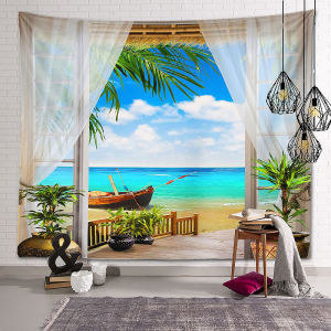 รูต้นไม้หน้าต่างดูพรมสีเขียวมะพร้าวต้นไม้ตกแต่งแขวนผนังพื้นหลัง3Dพิมพ์ผ้าผ้าม่านบ้านห้องนั่งเล่นห้องนอนDecoration