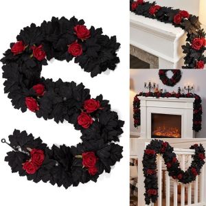 WHTRY Maple Leaves Halloween Maple Leaf Rose Vine Lifelike Gothic Style Maple Leaf Garland Fireplace Plastic Fake Fallen Leaves Halloween Decor