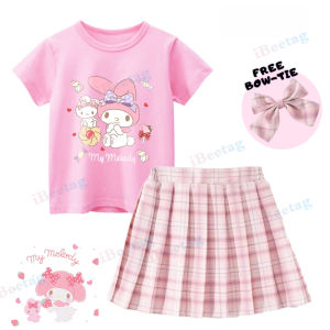 Sanrio Kuromi Melody Cinnamoroll เสื้อยืดและ JK ชุดเดรสเจ้าหญิงลายสก็อต2ชิ้นพร้อมโบว์ผูกชุดชุดงานปาร์ตี้คอสเพลย์เด็กผู้หญิง
