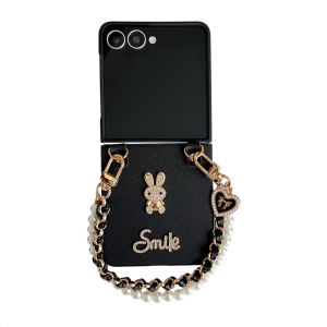 Luxury Bunny Z Flip 7 Strap Case Leather Cover Shiny Rhinestone Hardware Samsung Galaxy Z Flip7 Casing Ultra Slim Anti-Drop Durable Hard PC Protective Phone Case with Beaded Charm