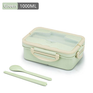 Fypo 1000ml wheat straw material lunch box with spoon chopsticks multi-function lid microwave picnic bento box portable leak proof lunchbox for student office worker kitchen compartment food storage container dinnerware