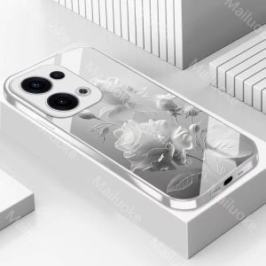 OPPO Reno 13 5G Case OPPO Reno 13 12 Pro 5G Luxury Rose Flower Painted Glass Phone Case INS Style With Wrist Strap Rope Lens Protection All-inclusive Shockproof Back Cover