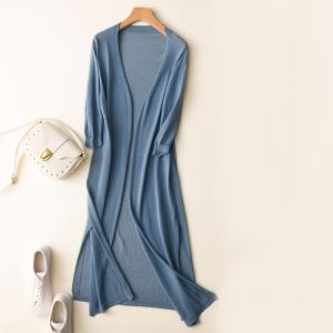 Ice Silk Knit Cardigan for Ladies Summer Thin Solid Color Hollow Long Elegant Korean Top Long Sleeve Holiday Sun Protection Jacket Air Conditioning Shirt