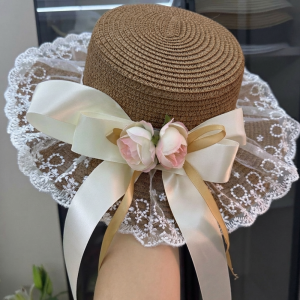 DOWNA Breathable Summer Sun Hat Butterfly Knot Lolita Style Straw Beach Hat Fashion Lightweight Lace Sunshade Cap Outdoor
