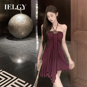 IELGY Purple Halter Strap Strapless dress Womens Summer French Socialite Elegant Pleated Waist Slimming Skirt
