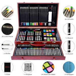 【Ready Stock】140-Piece Deluxe Art Set with Wooden Storage Case - Watercolor Paints Oil Pastels Colored Pencils Crayons Brushes & Accessories for Drawing Painting Sketching - Perfect for Artists Adult Children